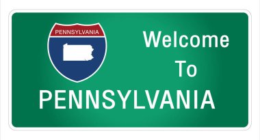 Yol tabelası Amerikan tarzı otoyolda imzalanan imzaya hoş geldiniz Pensilvanya eyaleti bilgileri ve haritaları işaret vektörü resim illüstrasyonunun yeşil arka planında sunuyoruz 