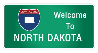 Yol tabelası Amerikan tarzında otoyolda imzalanan imzaya hoş geldiniz Kuzey Dakota eyaletine ait bilgi ve haritaları işaret vektörü resim çiziminin yeşil arka planında sağlıyoruz 
