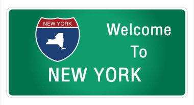 Yol tabelası Amerikan usulü otoyolda imzalanan imzaya hoş geldiniz New York eyaleti bilgileri ve haritaları işaret vektörü resim illüstrasyonunun yeşil arka planında sağlıyoruz 