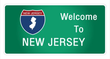 Yol tabelası Amerikan usulü otoyolda imzalanan imzaya hoş geldiniz. İşaret vektörü resim çiziminin yeşil arka planında New Jersey eyaleti bilgisi ve haritası sağlanıyor. 