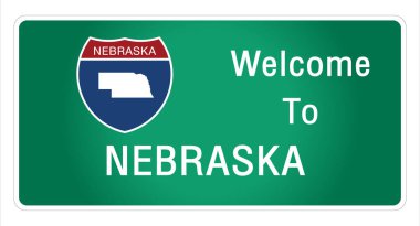 Yol tabelası Amerikan usulü otoyolda imzalanan imzaya hoş geldiniz. Nebraska eyaletine ait bilgi ve haritaları işaret vektörü resim illüstrasyonunun yeşil arka planında sağlıyoruz. 