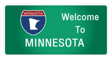 Amerikan tarzı otoyolda imzalanan yol tabelasına hoş geldiniz. Minnesota eyaletine ait bilgi ve haritaları işaret vektörü resim illüstrasyonunun yeşil arka planında sağlıyoruz. 