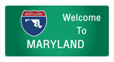Yol tabelası Amerikan usulü otoyolda imzalanan imzaya hoş geldiniz Maryland Eyaleti bilgileri ve haritaları işaret vektörü resim illüstrasyonunun yeşil arka planında sağlıyoruz 