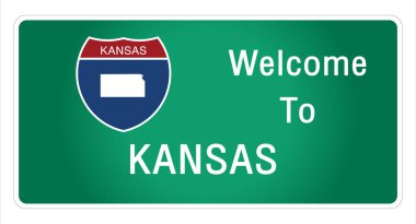 Yol tabelası Amerikan usulü otoyolda imzalanan imzaya hoş geldiniz Kansas eyaletine ait bilgi ve haritaları işaret vektörü resim illüstrasyonunun yeşil arka planında sağlıyoruz 