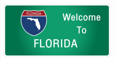 Yol tabelası Amerikan usulü otoyolda imzalanan imzaya hoş geldiniz. Florida eyaletine ait bilgi ve haritalar, işaret vektörü resim illüstrasyonunun yeşil arka planında. 