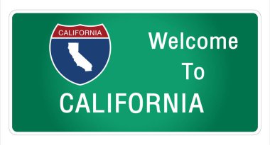 Yol tabelası Amerikan usulü otoyolda imzalanan imzaya hoş geldiniz. Kaliforniya eyaletine ait bilgi ve haritaları işaret vektörü resim illüstrasyonunun yeşil arka planında sağlıyoruz. 