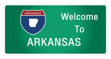 Yol tabelası Amerikan tarzı otoyolda imzalanan imzaya hoş geldiniz Arkansas eyalet bilgisi ve haritalarını işaret vektörü resim illüstrasyonunun yeşil arka planında sağlıyoruz 