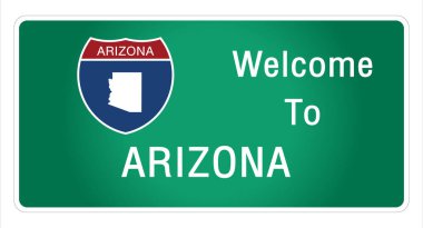 Yol tabelası Amerikan tarzında otoyolda imzalanan imzaya hoş geldiniz Arizona eyaletine ait bilgi ve haritaları işaret vektörü resim illüstrasyonunun yeşil arka planında sağlıyorsunuz 
