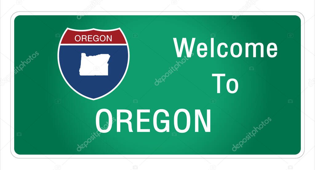 Roadway sign Welcome to Signage on the highway in american style Providing oregon state information and maps On the green background of the sign vector art image illustration 