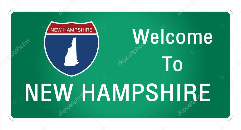 Roadway sign Welcome to Signage on the highway in american style Providing new hampshire state information and maps On the green background of the sign vector art image illustration 