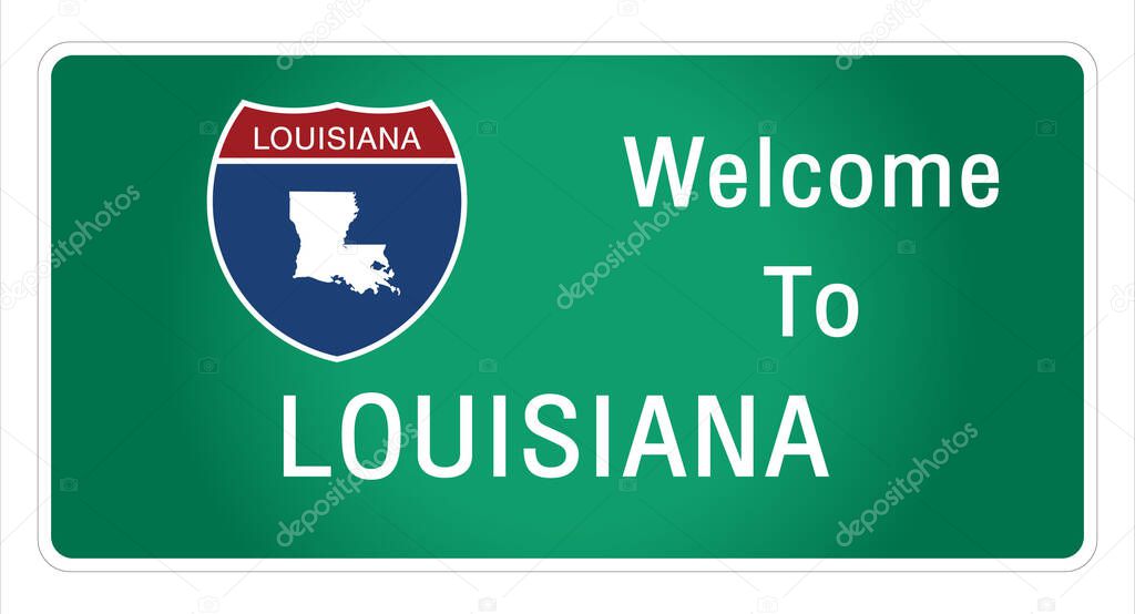 Roadway sign Welcome to Signage on the highway in american style Providing louisiana state information and maps On the green background of the sign vector art image illustration 