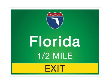 Yol tabelası Amerikan usulü otoyolda imzalanan imzaya hoş geldiniz. Florida eyaletine ait bilgi ve haritalar, işaret vektörü resim illüstrasyonunun yeşil arka planında. 