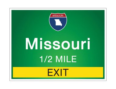 Yol tabelası Amerikan usulü otoyolda imzalanan imzaya hoş geldiniz. Missouri devlet bilgisi ve haritaları, işaret vektörü resim illüstrasyonunun yeşil arka planında sağlanmaktadır. 