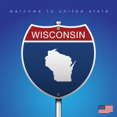 Mavi arka planı ve mesajı olan, Wisconsin ve harita, vektör resim çizimi olan Amerikan tarzı bir işaret yolu.
