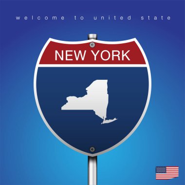 Mavi arka planı ve mesajı olan, New York ve harita, vektör resim çizimi olan Amerikan tarzı bir işaret yolu.