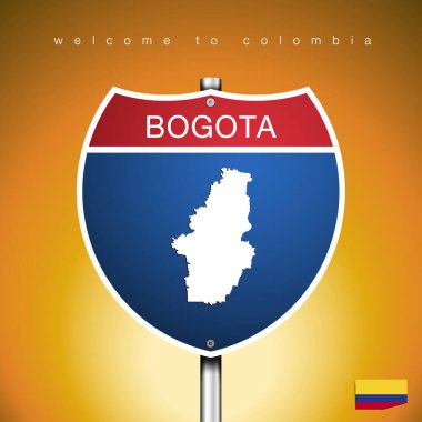 Sarı arka planı ve mesajı, BOGOTA ve haritası, vektör resim illüstrasyonuyla Kolombiya devleti ile bir işaret yolu Amerika Stili.