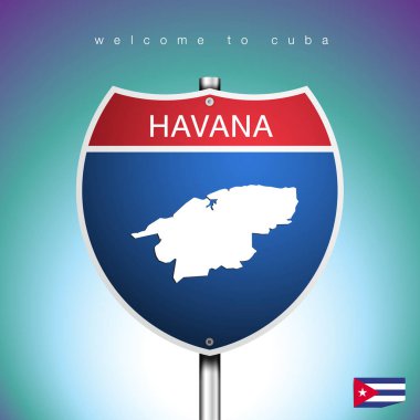 Yeşil arka planı ve mesajı olan, Havana ve harita, vektör resim çizimi olan bir işaret yolu Amerika Stili.