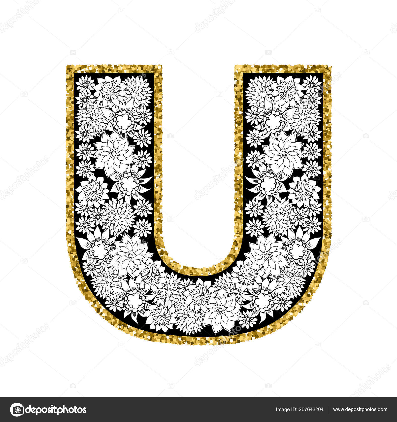 手描き花アルファベット デザインです 金きらびやかな輪郭 文字 U ストックベクター C Igonet