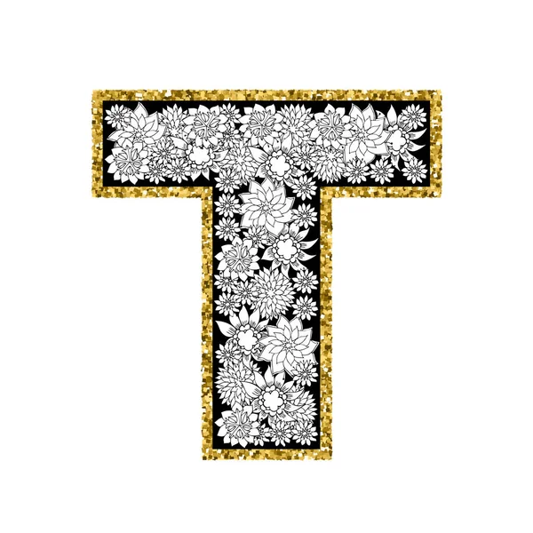 การออกแบบตัวอักษรดอกไม้ที่วาดด้วยมือ ทองแวววาว ตัวอักษร T . — ภาพเวกเตอร์สต็อก