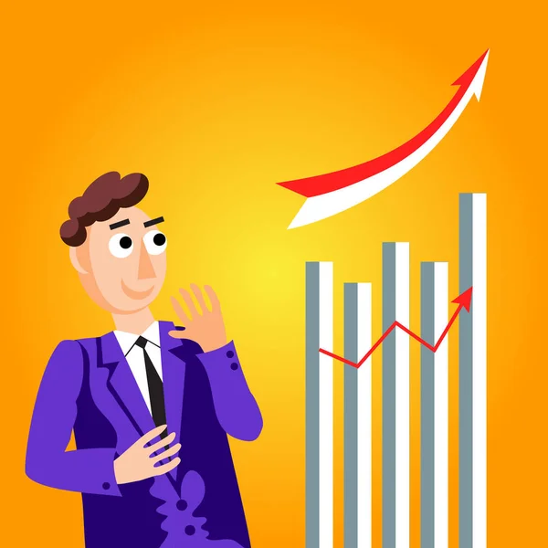 Uomo d'affari di successo in piedi con le braccia incrociate accanto alle statistiche del grafico a barre — Vettoriale Stock