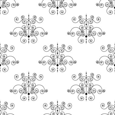 Beyaz bir arka plan üzerinde siyah alev almış zambağı sahte seamless modeli. Ajur metal çit tasarım. Duvar kağıdı, sarma, kumaş, arka plan, giyim, diğer baskı üretimi için modern tarzı.