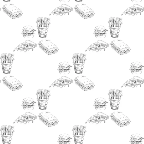 Hand drawn fast food pattern. Burger, pizza, french fries detailed illustrations. — Stock Vector