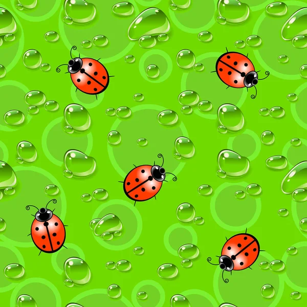 Seamless texture with ladybugs and dew drops. — Stock Vector