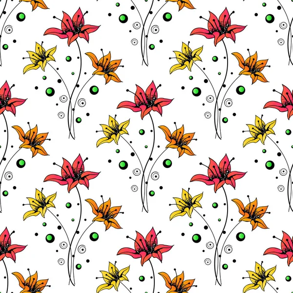 Прекрасний безшовний фон з різнокольоровими квітами. Мальовані контурні лінії і штрихи . — стоковий вектор