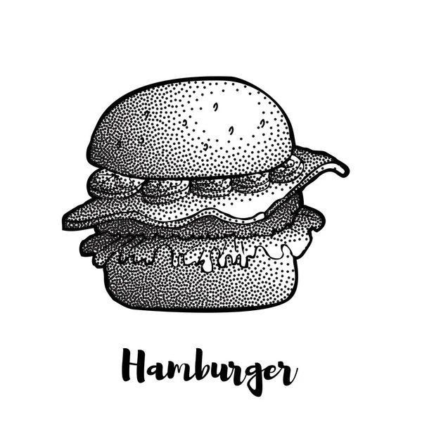 Ilustração desenhada à mão de hambúrguer, cheeseburger, hambúrguer — Vetor de Stock