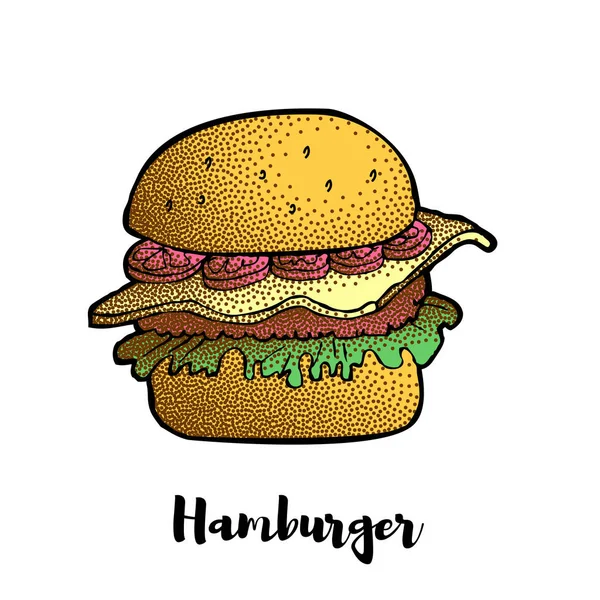 Handgezeichnete Illustration von Hamburger, Cheeseburger, Burger. Punkteeffekt — Stockvektor