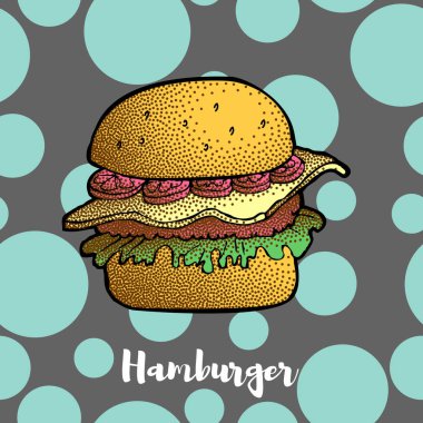 Hamburger, Cheeseburger, Burger El Çizilmiş İllüstrasyon. Noktalı etki