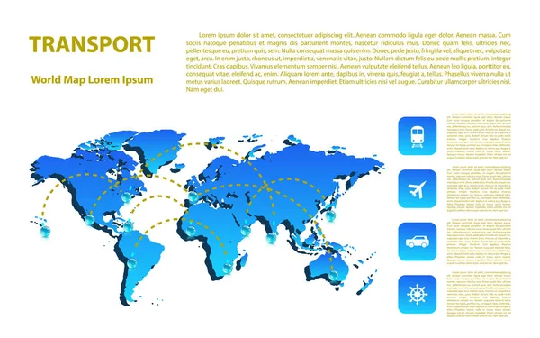Världen karta med olika varumärken och transport. Designelement — Stock vektor