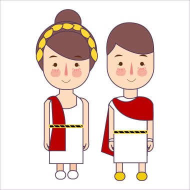 Kız ve erkek antik Roma Yunan giyen okula geçmiş kostüm. Vektör çizim