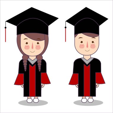 Vektör karikatür tarzı karakterleri Mezuniyet cübbesi toga şapkalı çocuklar. Beyaz arka plan üzerinde izole erkek ve kız öğrenci. illüstrasyon