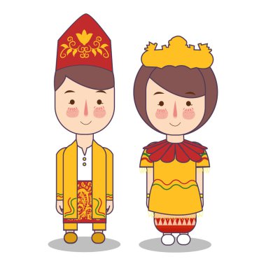 Güney Kalimantan Endonezya'nın geleneksel Ulusal giysiler. Geleneksel kostüm karikatür karakter kümesi. Sevimli insanlar. Vektör çizimler.