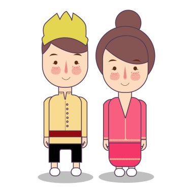 Kuzey Maluku il düğün çift, sevimli Endonezya geleneksel giyim kostüm gelin ve damat vektör çizim karikatür