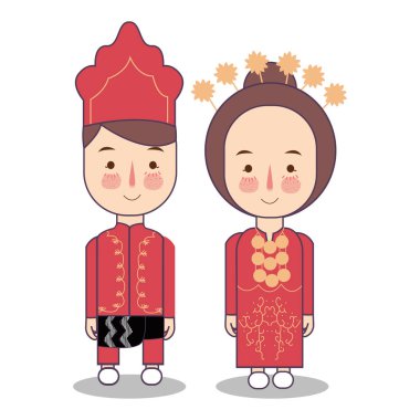 Güneydoğu Maluku il düğün çift, sevimli Endonezya geleneksel giyim kostüm gelin ve damat vektör çizim karikatür