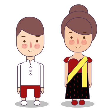 Myanmar Burma düğün çift, sevimli Endonezya geleneksel giyim kostüm gelin ve damat vektör çizim karikatür