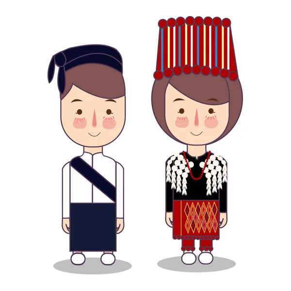 Kachin Myanmar ropa nacional tradicional del sudeste asiático. Conjunto de personajes de dibujos animados en traje tradicional. Gente linda. ilustraciones planas . — Vector de stock