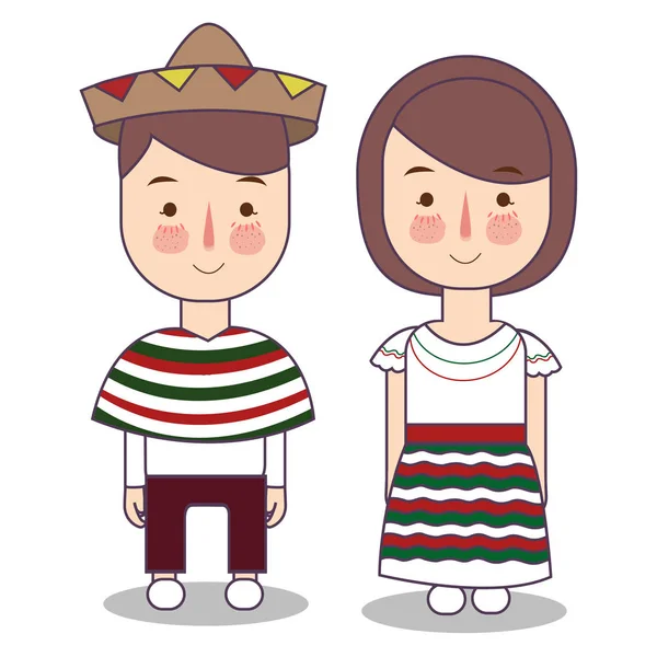 Vektorové ilustrace mexických dětí, chlapče, holka, lidé mexická žena a muž oblečený v národních krojích — Stockový vektor