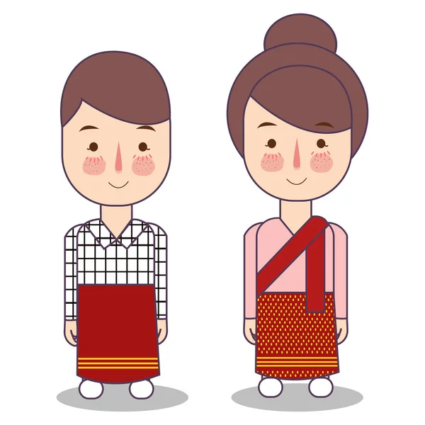 Laos boda pareja, lindo indonesio ropa tradicional traje novia y novio dibujos animados vector ilustración — Archivo Imágenes Vectoriales