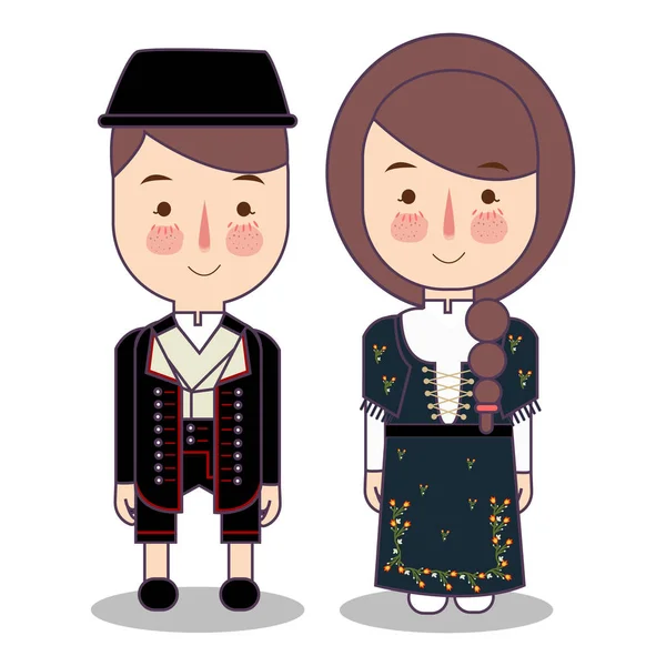 Παραδοσιακά Εθνικό ρούχα από Νορβηγικά Bunad. Σύνολο των χαρακτήρων κινουμένων σχεδίων με παραδοσιακή φορεσιά. Χαριτωμένο άτομα. επίπεδες εικόνες. — Διανυσματικό Αρχείο