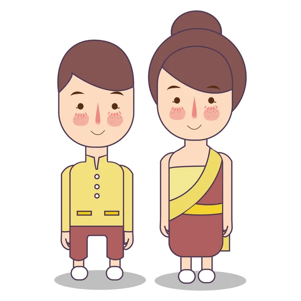 Thajsko, svatební pár, roztomilý tradiční oděvy kostým nevěsta a ženich kreslené vektorové ilustrace — Stockový vektor