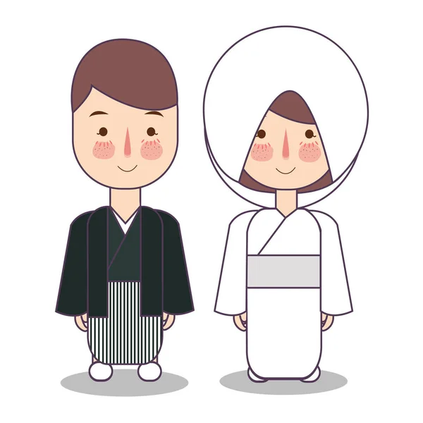 Ιαπωνικά γάμου ζευγάρι, χαριτωμένος Ιαπωνία παραδοσιακά ρούχα κοστούμια νύφη και ο γαμπρός καρτούν εικονογράφηση φορέα — Διανυσματικό Αρχείο