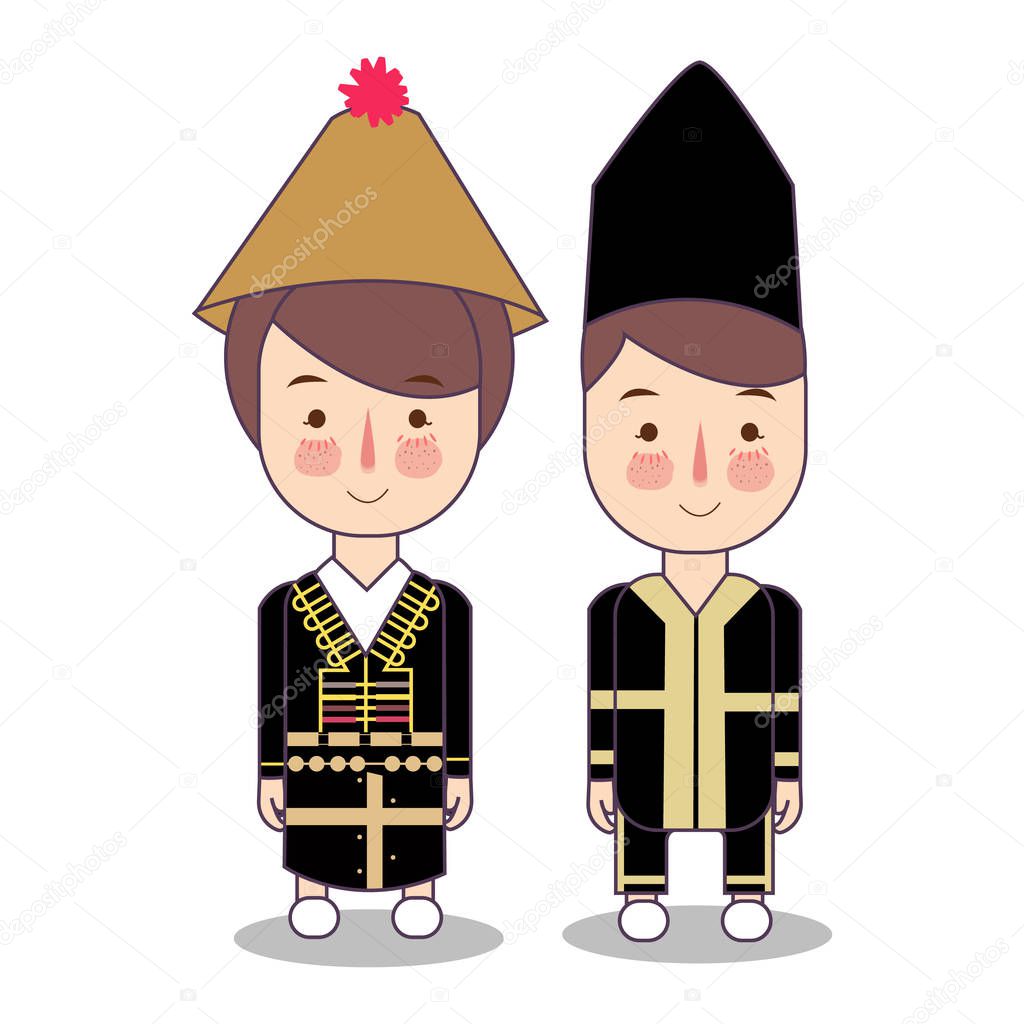Malaysia Sabah bride and groom cartoon wedding. traditional national clothes. Set of cartoon characters in traditional costume. Illustration vector.