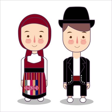 Portekizce Portekiz Ulusal giyim. Geleneksel kostüm karikatür karakter kümesi. Sevimli insanlar. vektör çizimler.