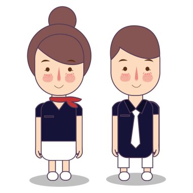 Meslekler çocuklar. Çizgi film uçak kabin mürettebatı hostes uçuş görevlisi. Çocuk vektör çizim çizim için tasarım.