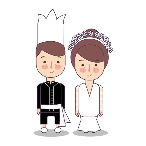 Boda de la provincia de Sulawesi del Norte Pareja, lindo indonesio ropa tradicional traje novia y novio dibujo animado vector ilustración — Archivo Imágenes Vectoriales