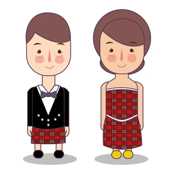 Шотландская свадебная пара, милая шотландская традиционная одежда костюм невесты и жениха векторной иллюстрации — стоковый вектор
