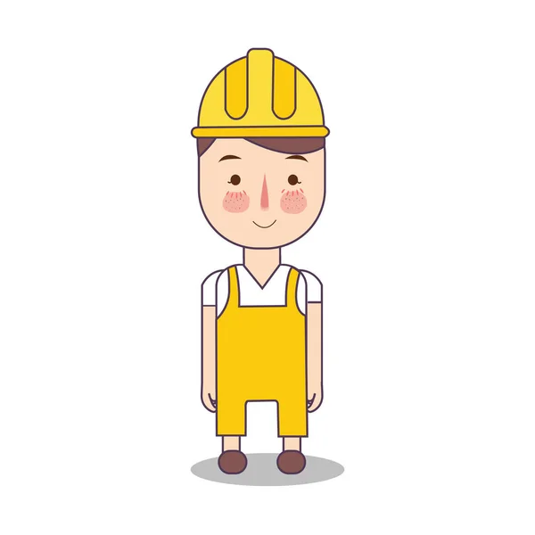 Obrero de la construcción práctico hombre en casco amarillo. Diseño plano. Carácter ilustrativo vectorial . — Vector de stock